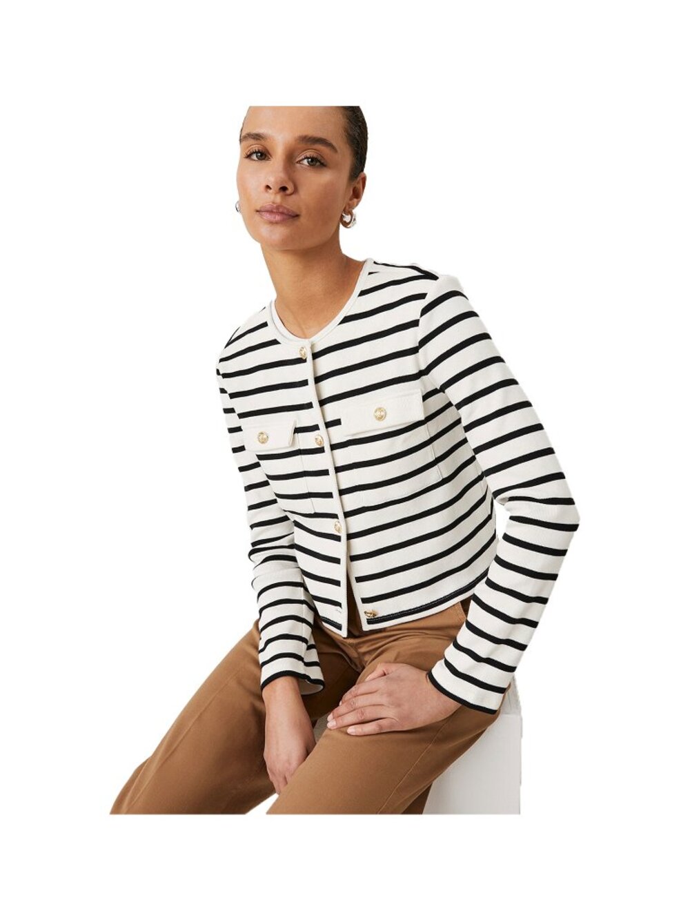 Ann Taylor Cardigan Womens Size XS Black White Striped Cropped Long Sleeve Knit